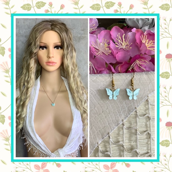 🌸 2PC: EARRINGS & NECKLACE BOHO SET BUTTERFLY BUNDLE SET BLUE FAIRY PRETTY CHIC - Picture 2 of 11